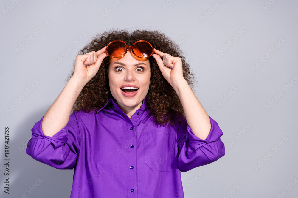 Photo of nice young woman open mouth empty space wear purple shirt isolated on grey color background