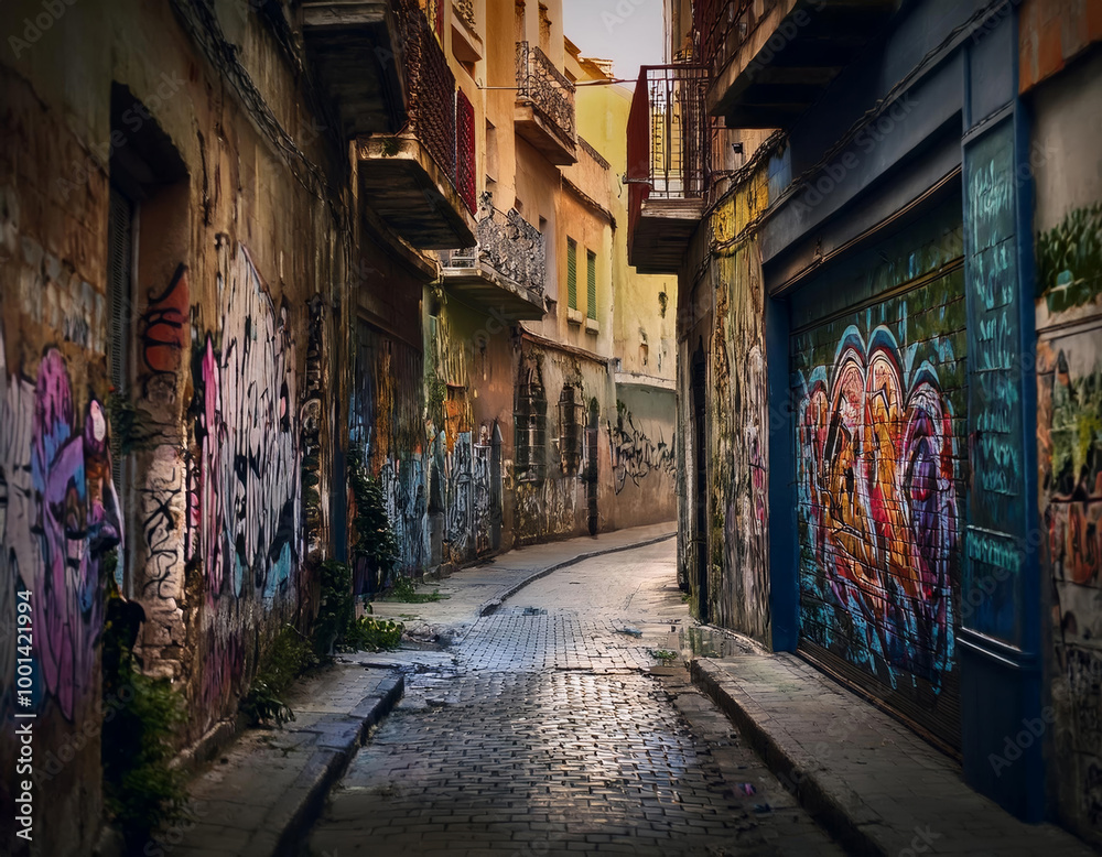 Fototapeta premium Petite rue vide avec des graffitis sur les murs
