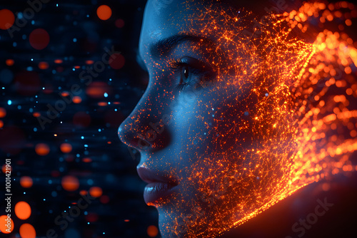 Wallpaper Mural image showcases close up profile of face illuminated by vibrant, glowing particles, creating mesmerizing effect. interplay of light and shadow evokes sense of wonder and innovation Torontodigital.ca