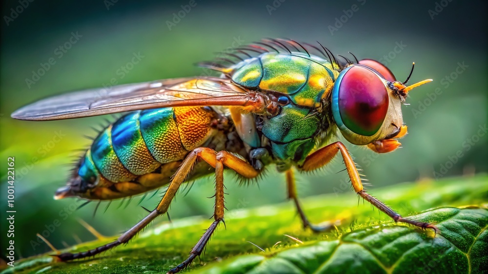 Close-up of a fruit fly perched on a leaf showcasing its intricate body and delicate wings in detail Close-up of a fruit fly perched on a leaf showcasing its intricate body and delicate wings in detail