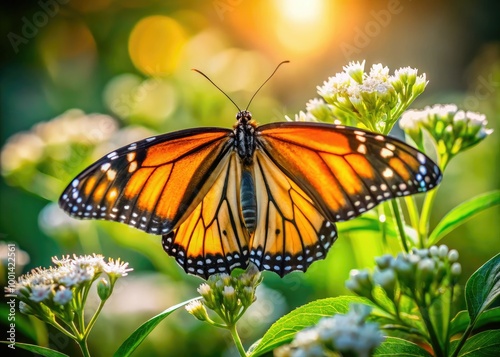 Delicate monarch butterfly with vibrant orange and black wings perched on a soft, white flower petal, surrounded by lush green foliage in warm sunlight. photo