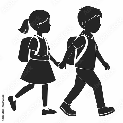 Two children holding hands silhouette, cheerful mood, walking to school, on white background