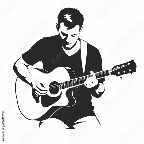 Male guitarist silhouette, focused mood, playing acoustic guitar, on white background
