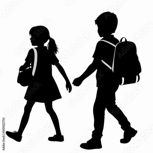 Two children walking to school silhouette, cheerful mood, carrying backpacks, on white background