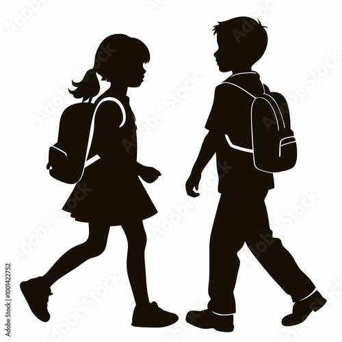 Two children walking together silhouette, happy mood, going to school, on white background
