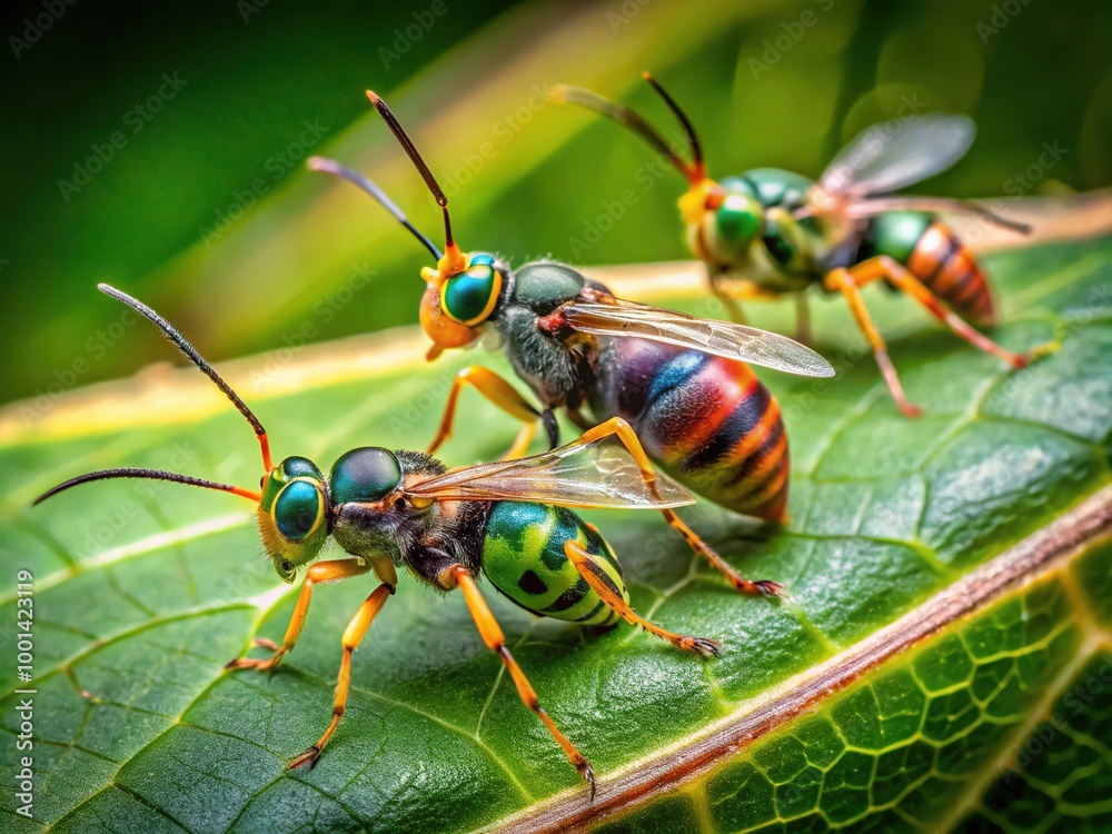 Close-up of Parasitic Wasps on a Leaf in Nature, Showcasing Their Intricate Details and Colors Close-up of Parasitic Wasps on a Leaf in Nature, Showcasing Their Intricate Details and Colors