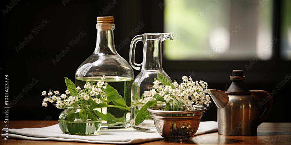 still life with a bottle of wine and flowers