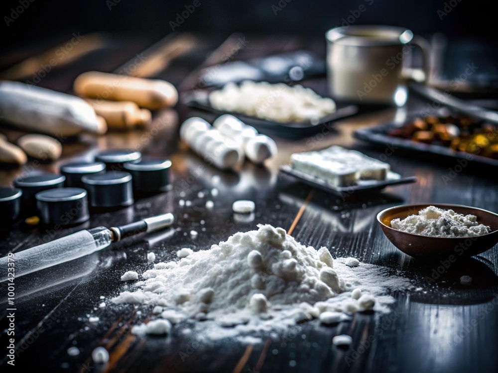 Fototapeta premium Collection of Various Illegal Drugs Names Displayed on a Table in a Dark and Mysterious Setting