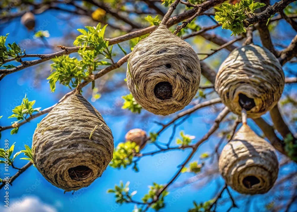 Close-Up View of Intricate Hornet's Nests Suspended in Trees Against a Clear Blue Sky Background Close-Up View of Intricate Hornet's Nests Suspended in Trees Against a Clear Blue Sky Background