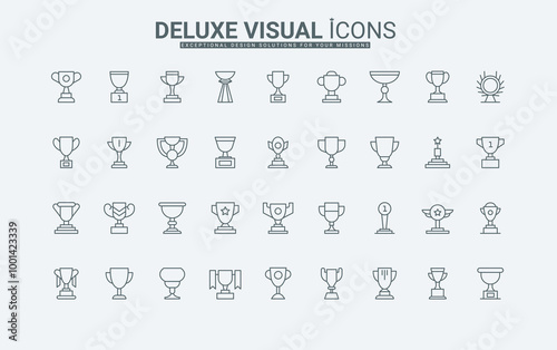 Trophy cup line icons set. Goblets of different shapes, award labels for achievements, winner and tournament champion, premium prize of victory thin black outline symbols vector illustration.