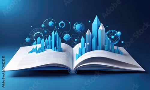 A blue city rises from the pages of an open book, surrounded by intricate digital symbols and swirling lines photo