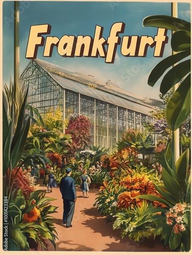 Step into a colorful world of exotic plants and flowers with this retro travel poster featuring Frankfurts lush greenhouse gardens, inviting visitors to experience natures beauty. photo