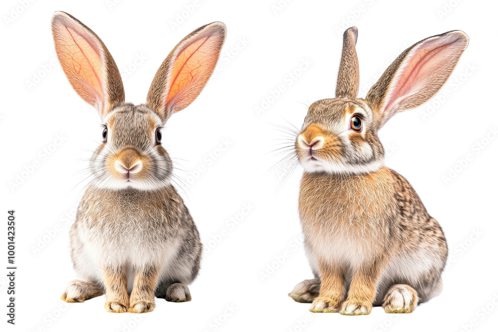 Two adorable rabbits with long ears and soft fur, sitting side by side in a playful pose, perfect for nature and animal themes. Two adorable rabbits with long ears and soft fur, sitting side by side in a playful pose, perfect for nature and animal themes.