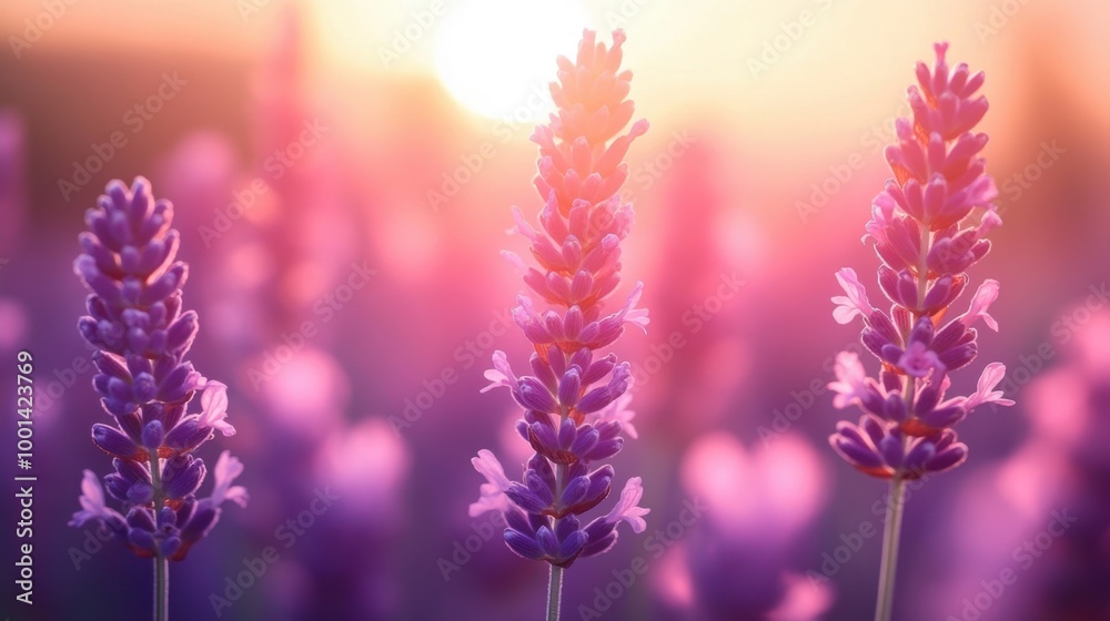 Lavender flowers blooming under soft sunset light. Pastel gradient background. Lavender flowers blooming under soft sunset light. Pastel gradient background.