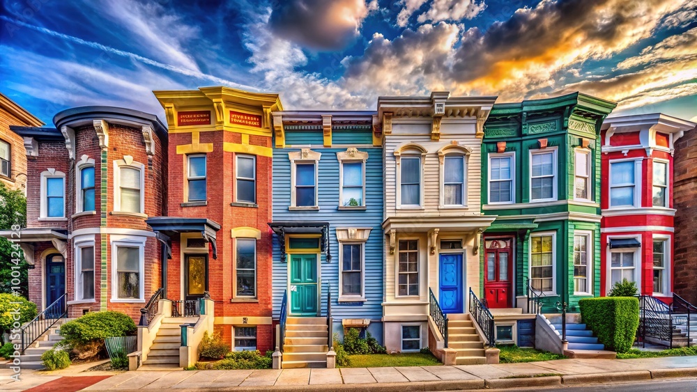Fototapeta premium Colorful Baltimore City Row Houses in Historic Neighborhoods with Charming Architecture and Details