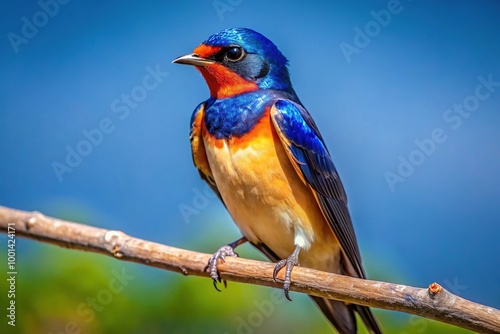 Colorful Barn Swallow Perched on a Branch Against a Clear Blue Sky in Natural Habitat Setting