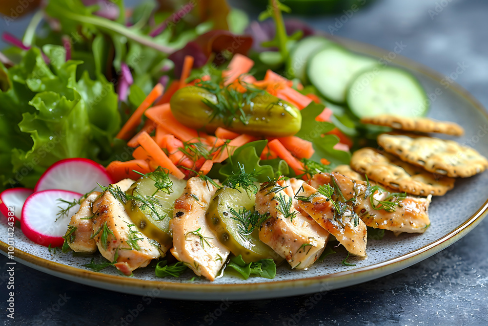 Healthy plate of grilled chicken with fresh vegetables, pickles, and crackers garnished with dill Healthy plate of grilled chicken with fresh vegetables, pickles, and crackers garnished with dill