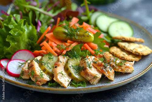 Healthy plate of grilled chicken with fresh vegetables, pickles, and crackers garnished with dill