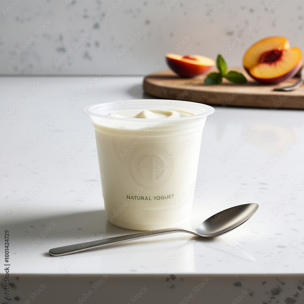 Photograph of a close-up shot of a sleek, branded creamy Greek yogurt cup Photograph of a close-up shot of a sleek, branded creamy Greek yogurt cup
