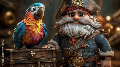 A whimsical pirate gnome stands beside a colorful parrot, both posing with a treasure chest, showcasing a playful and adventurous spirit. photo