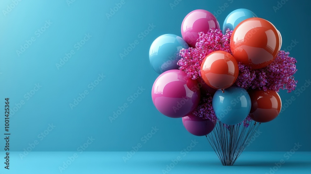 A cluster of vibrant balloons with a captivating arrangement of pink flowers, floating against a serene blue backdrop A cluster of vibrant balloons with a captivating arrangement of pink flowers, floating against a serene blue backdrop