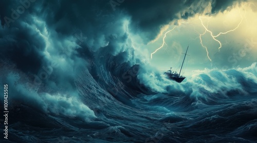 Ocean wave about to crash on a boat during a storm