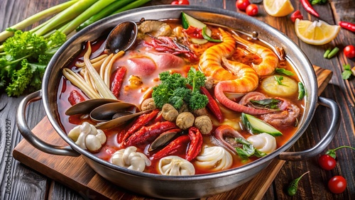 A vibrant seafood hot pot featuring shrimp, crab, vegetables, and fresh herbs, served in a metallic pot on a wooden board. photo