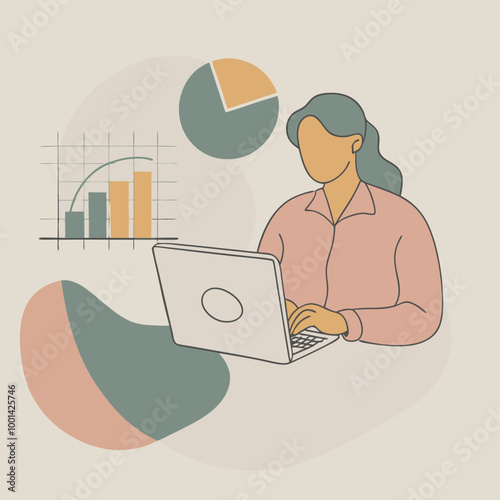 Data analyst working on laptop with charts and graphics displayed in the background