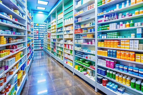 Colorful display of over-the-counter medication and health products in a retail pharmacy aisle