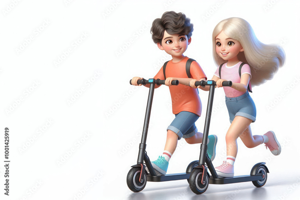 A boy and a girl riding electric scooters. Space for text. A boy and a girl riding electric scooters. Space for text.