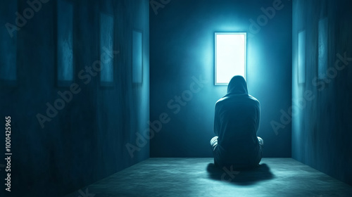 A person sits quietly in a dimly lit room, illuminated by a bright, flickering screen at night