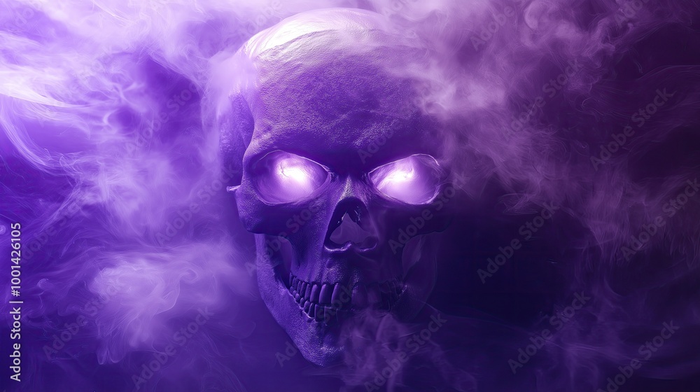 A detailed skull surrounded by purple smoke, creating a mysterious atmosphere. A detailed skull surrounded by purple smoke, creating a mysterious atmosphere.