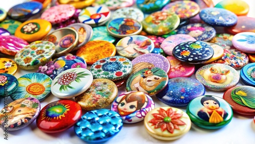 Colorful gashapon tokens scattered on a white background, showcasing various designs and colors