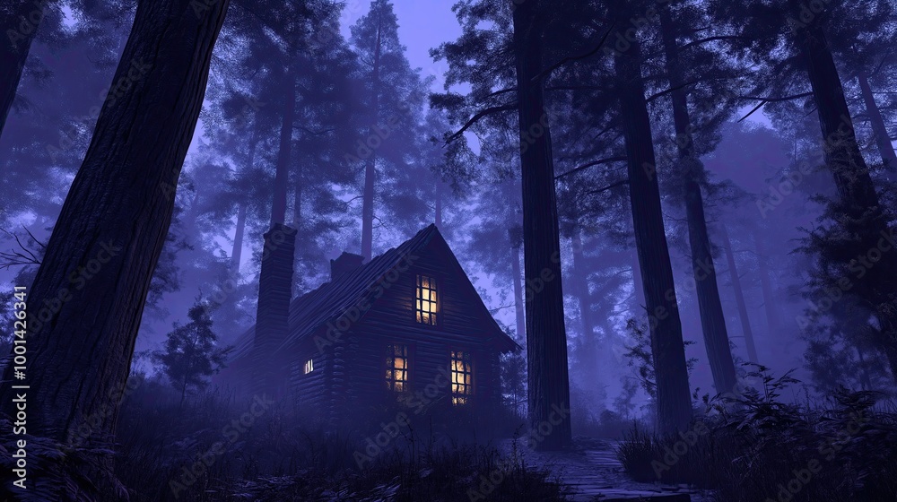 A cozy cabin illuminated by warm lights, surrounded by tall trees in a misty forest. A cozy cabin illuminated by warm lights, surrounded by tall trees in a misty forest.