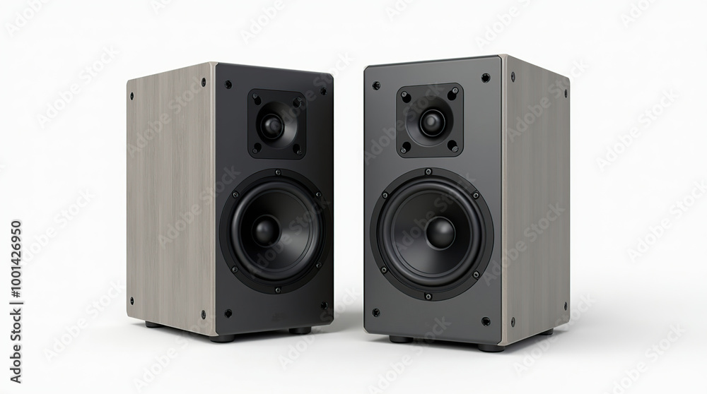 Modern sound speakers and subwoofer on white background Modern sound speakers and subwoofer on white background