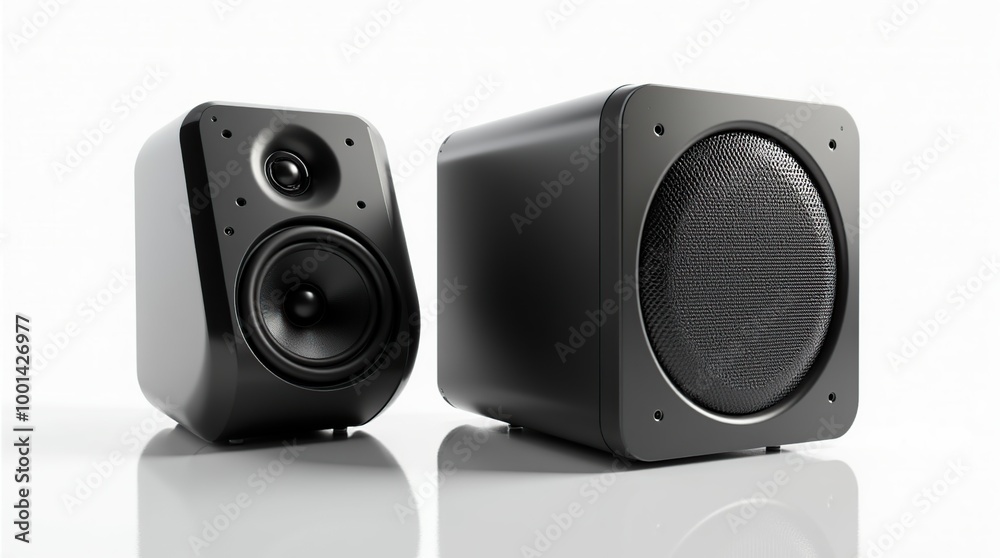 Modern black sound speakers and subwoofer on white background Modern black sound speakers and subwoofer on white background