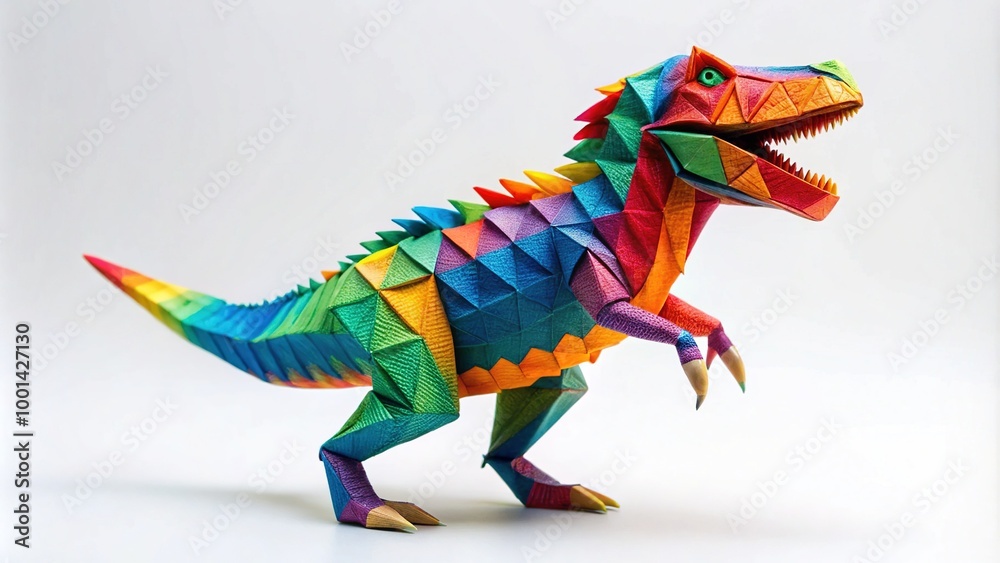 Fototapeta premium Colorful Origami Dinosaur Model on White Background - Creative Paper Folding Art for Kids and Adults
