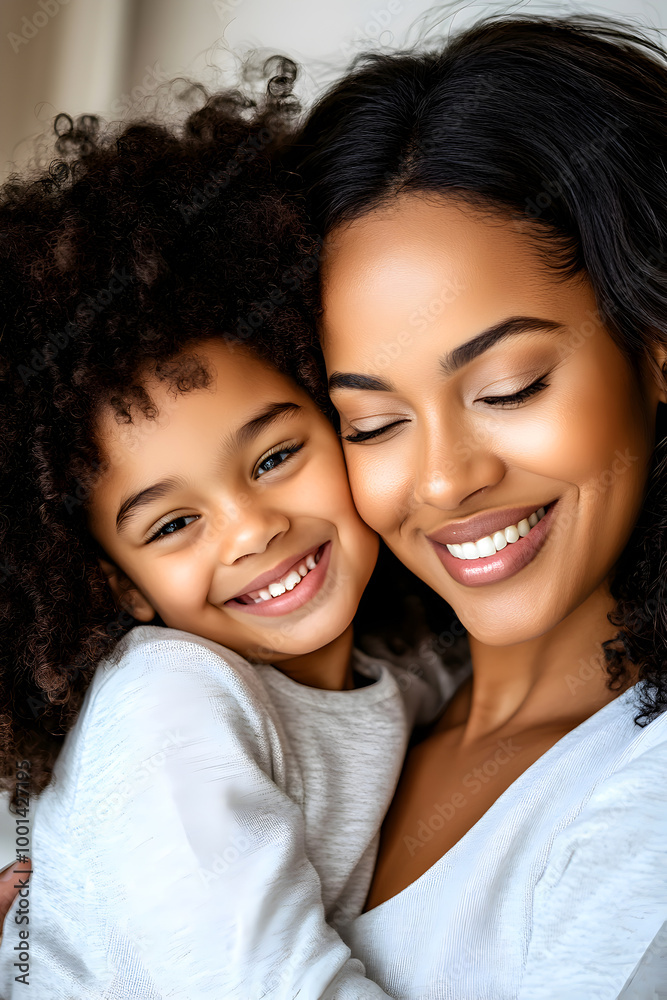 A happy smiling African American mother embraces her daughter at home, their smiles radiating joy and love. A happy smiling African American mother embraces her daughter at home, their smiles radiating joy and love.