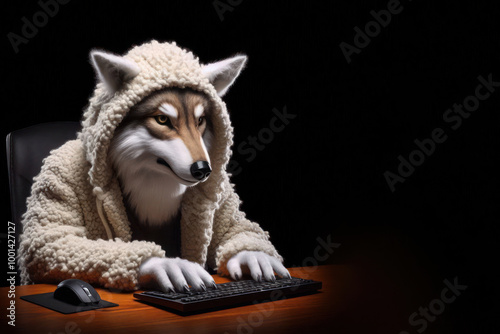 A wolf sitting in sheep's clothing at the computer. Space for text.