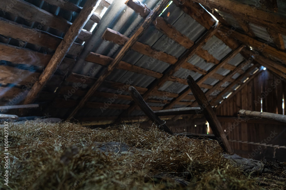The hayloft in the barn. Sunlight breaks through the leaky roof. Village vibe The hayloft in the barn. Sunlight breaks through the leaky roof. Village vibe