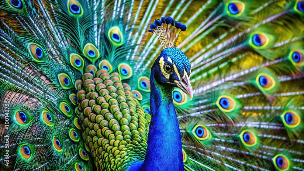 Fototapeta premium Colorful peacock displaying its vibrant feathers in natural habitat, available for sale as stock photo