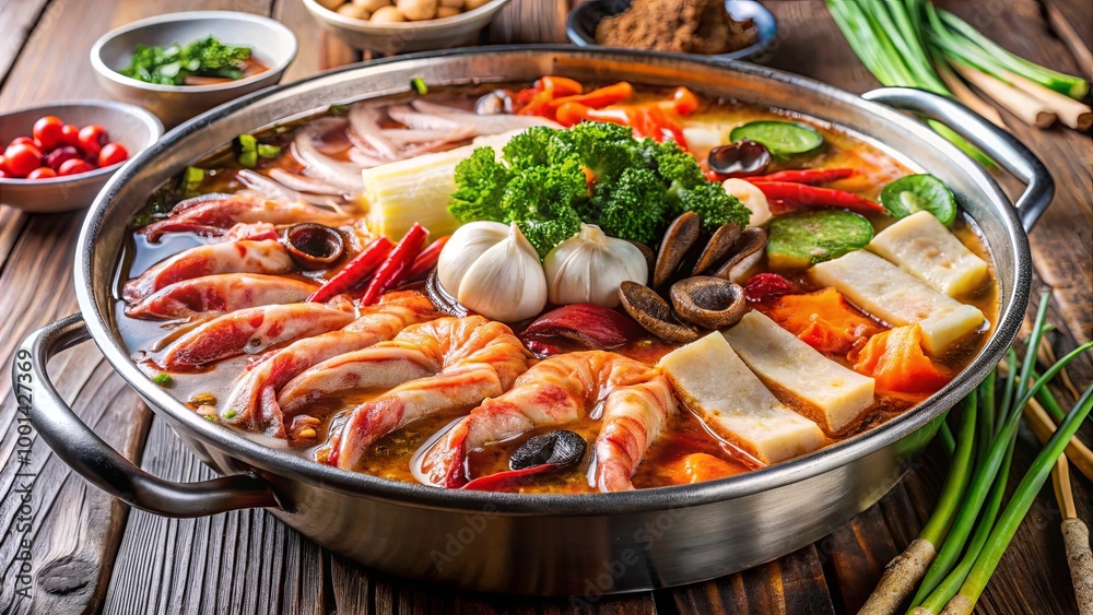 A colorful hot pot filled with shrimp, vegetables, and tofu, garnished with herbs, placed on a wooden table. A colorful hot pot filled with shrimp, vegetables, and tofu, garnished with herbs, placed on a wooden table.