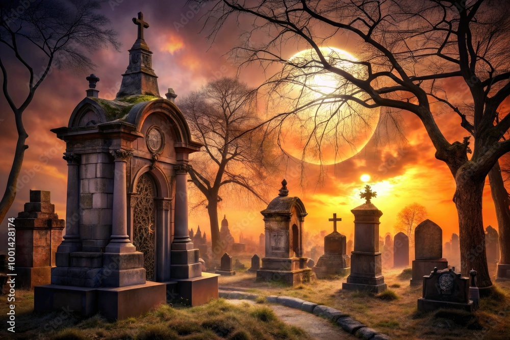 Eerie moonlit graveyard scene with crumbling stone mausoleums, twisted bare trees, and spider webs shrouding ancient tombstones, set against a dark orange and purple sky. Eerie moonlit graveyard scene with crumbling stone mausoleums, twisted bare trees, and spider webs shrouding ancient tombstones, set against a dark orange and purple sky.