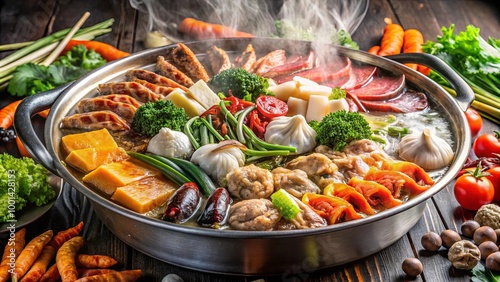 A vibrant hot pot filled with an array of fresh vegetables, meats, and dumplings, steaming and ready to enjoy.