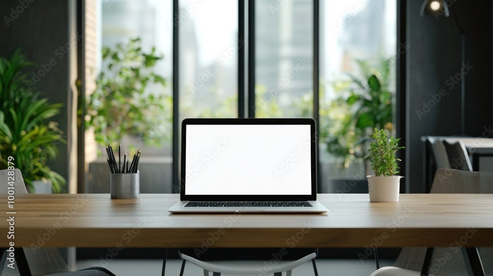 Modern Office Workspace with Laptop and Plants Modern Office Workspace with Laptop and Plants