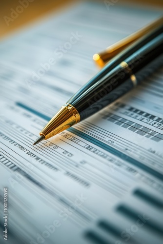 Close-Up of a Pen on Financial Documents with Graphs and Charts, Business Analysis and Financial Planning Concept