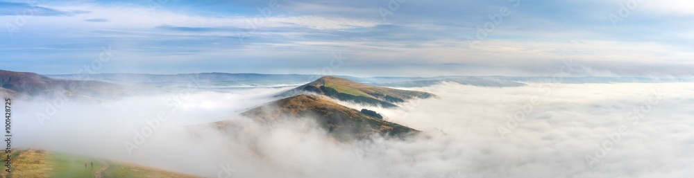 Mam Tor peak valley panorama in Peak District with cloud inversion Mam Tor peak valley panorama in Peak District with cloud inversion