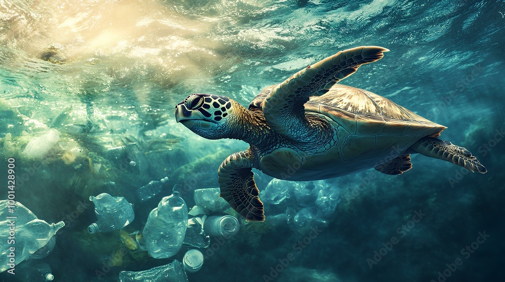 Obraz premium A serene sea turtle glides gracefully through crystal-clear water, illuminated by sunlight filtering from above.