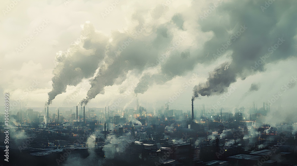 A hazy cityscape filled with smoke billowing from factory chimneys, illustrating significant industrial pollution and its impact on air quality. A hazy cityscape filled with smoke billowing from factory chimneys, illustrating significant industrial pollution and its impact on air quality.
