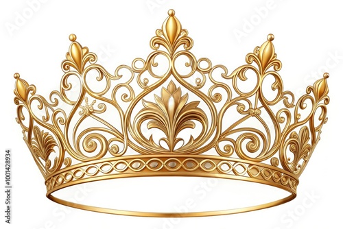 Elegant golden crown outline with intricate filigree design and regal ornaments, set against a clean white background, symbolizing royalty, luxury, and prestige.